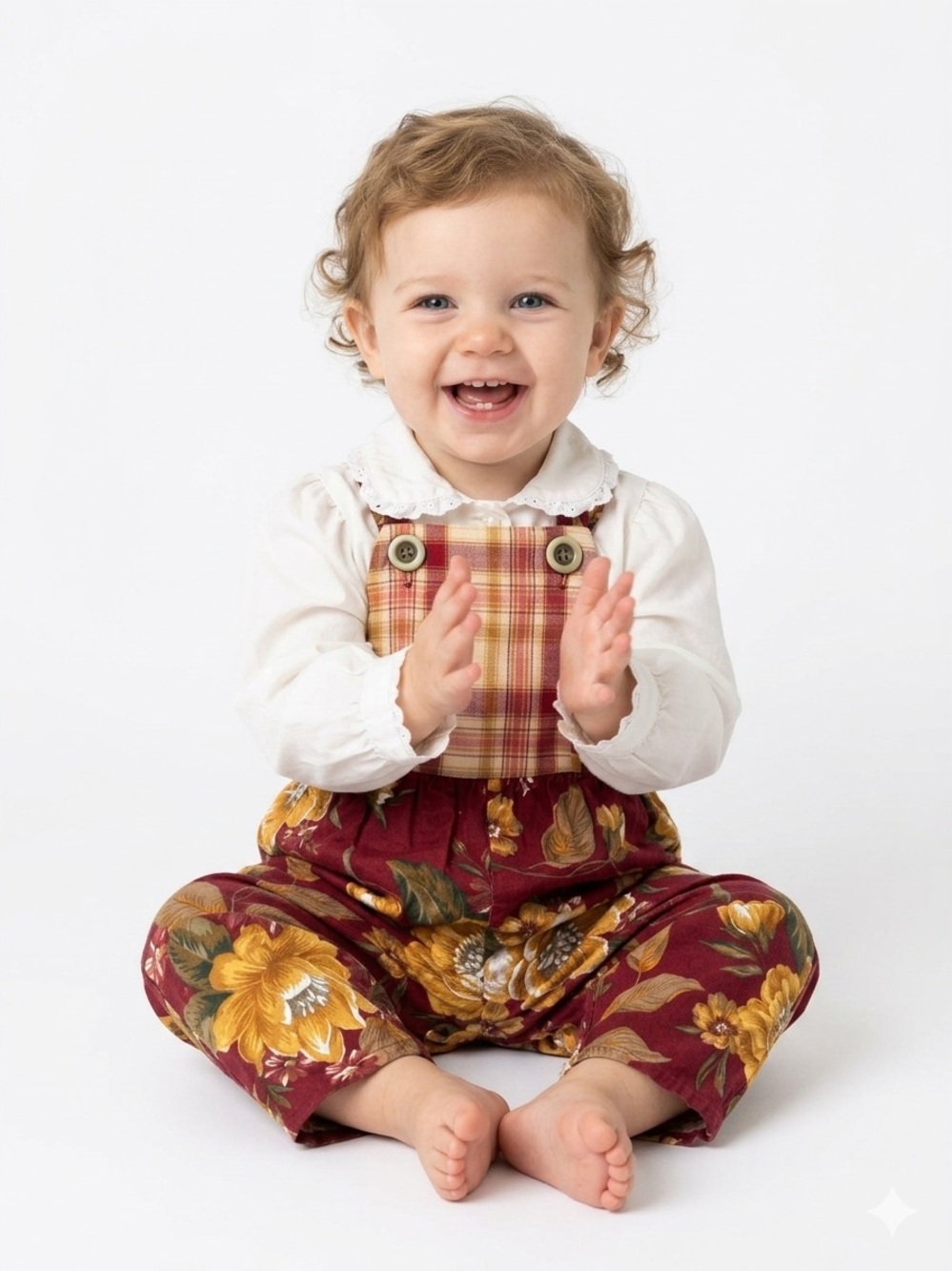 Adorable Vintage ‘80s Floral Plaid Overalls with White Button Blouse - size 2T